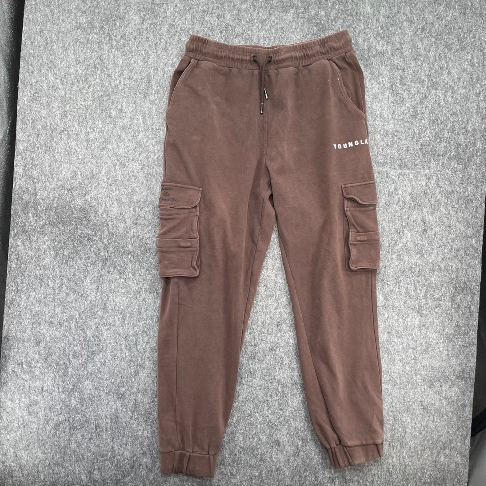 YoungLA Mens Cargo Jogger Sweatpants Brown Elastic Waist Athletic Pants